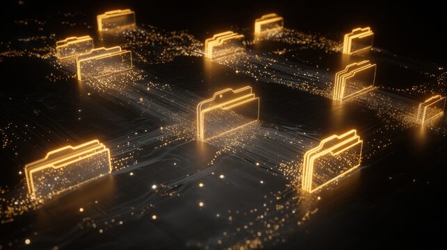 Digital Data Flow: An artistic representation showcases illuminated file folders, interconnected by streams of data in a digital landscape. Evoking the essence of information and the modern world - Powered by Adobe