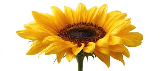 Vibrant sunflower with bright yellow petals and dark center isolated on white