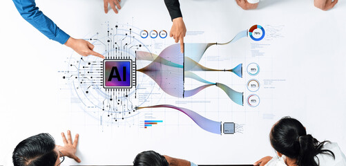 A diverse group of professionals collaborating around a table, focused on an innovative artificial intelligence project that highlights data, concepts, and visual graphics. Trope