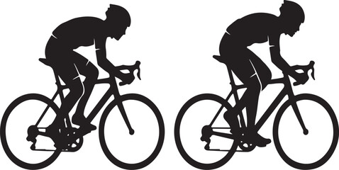 Obraz premium Two black silhouette cyclists in racing gear on bicycles with white background Keywords: cycling