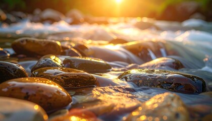 Tranquil Waters of a Riverbed Bathed in Golden Sunlight, Reflecting Peace and Natural Beauty on Smooth Wet Rocks at Sunset or Sunrise