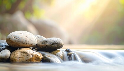 Serene water flowing over smooth river stones in natural sunlight, creating a peaceful and tranquil environment
