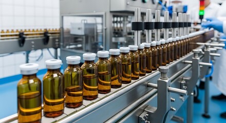 Automated Pharmaceutical Production Line with Vials of Medicine Moving on Conveyor Belt