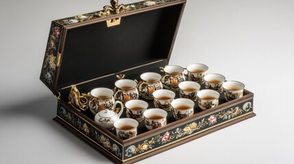 Ornate tea set in decorative wooden box on white background
