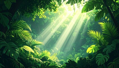 Enchanting tropical rainforest bathed in ethereal sun rays, highlighting the vibrant green foliage and serene natural beauty of the dense jungle environment