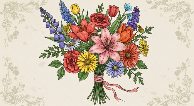 Magnifique bouquet de fleurs colore dessine a la main style vintage illustration lumineuse avec details floraux delicats. AI Generated