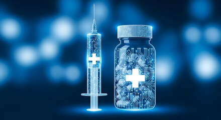Digital Medicine Concept Showing Glowing Syringe and Pill Bottle with Circuitry Patterns
