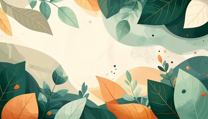 Vibrant flat design botanical background with an assortment of stylized green and orange leaves creating a natural, airy border for copy space