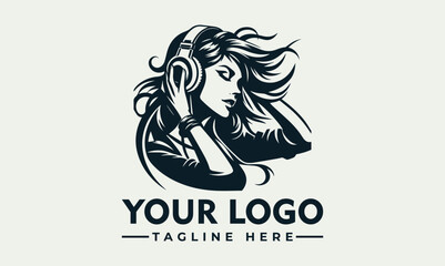 A stylized vector illustration of a woman wearing headphones with flowing hair, designed as a customizable logo template with placeholder text on a plain background.