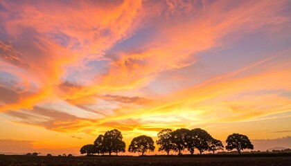 Vibrant golden hour sunset over serene landscape, breathtaking clouds in fiery hues, silhouetting majestic trees against the dramatic horizon, evoking peace and natural beauty