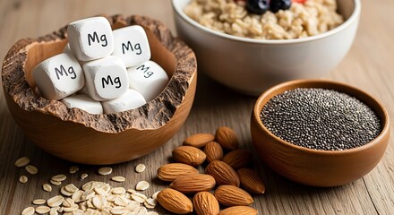 Healthy Foods Rich in Magnesium with Almonds Chia Seeds Oats and Mg Labeled Cubes