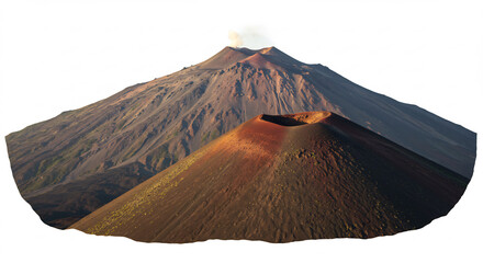 Deux volcans imposants un actif lib�rant de la fum�e l'autre au premier plan baign� par une lumi�re chaude du lever. AI Generated