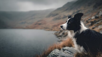 Border collie dog with wet fur sitting on rocks next to a calm lake, intently looking into the distance with a mountainous and misty landscape background