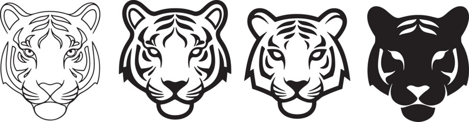 Fototapeta premium Tiger head logo icon set with thin line bold outline minimal and silhouette styles designed for wildlife branding sports teams mascots and modern logo identity