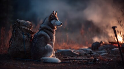 Siberian husky dog resting next to a backpack and hiking poles, enjoying the warmth of a campfire, experiencing an evening outdoor adventure while camping