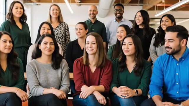 Diverse group of people sits smiling, representing collaboration, workplace diversity, inclusion, equal opportunity, cooperation and a positive work environment