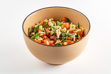 home cooked vitamin vegetable salad in ceramic bowl close up