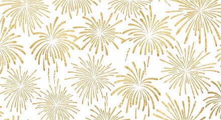 Pattern design composed of stylized repeating abstract representations of fireworks rendered in metallic gold foil texture on a matte white background.