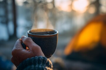 Hand holding steaming coffee mug close-up, savoring a warm drink on a chilly outdoor morning while a blurred tent and forest hint at a cozy camping escape