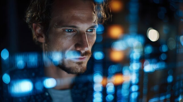 Focused man coding on a futuristic transparent computer screen, analyzing digital data reflecting across an innovative display in a dark room, working on a technology project - Powered by Adobe