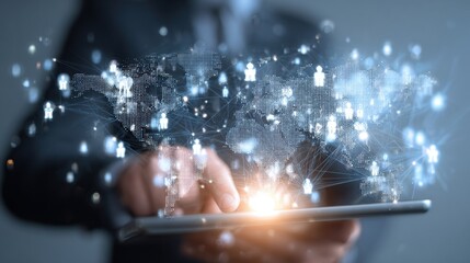 Digital Network and Modern Interaction: A business professional interacts with a glowing digital network. Interacting with global technology, symbolizes connectivity and modern collaboration.