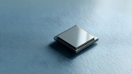 Computer central processing unit microchip standing on a textured blue surface, illustrating advanced electronic hardware, data computing, and technological innovation
