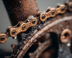 Bicycle drive chain showing rust, water drops, and grime on golden links and dark gears, illustrating corrosion and wear on mechanical components