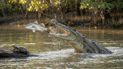 Obraz premium Saltwater crocodile lunging from a river to snatch a large barramundi, jaws clamping fish as water explodes; nearby turtle watches from a log in a wild mangrove wetland
