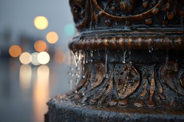 Ornate lamppost base drenched in city rain, water drops dripping, creating a wet street scene with blurred bokeh city lights reflecting on the wet pavement at night
