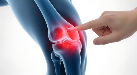 Anatomical 3D view of a human knee joint with red glowing pain area and a finger pointing at injury