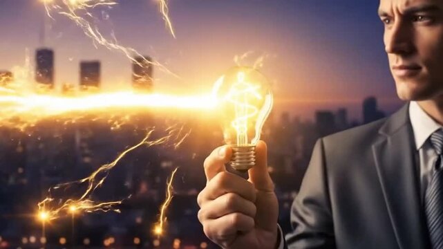 Man holds bulb with luminous energy. City background. Represents idea, innovation, creativity, power, intelligence, illumination, and urban development
