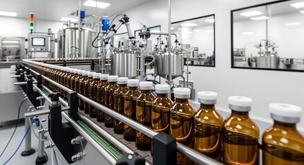 Automated pharmaceutical manufacturing line with rows of amber glass bottles in a sterile cleanroom
