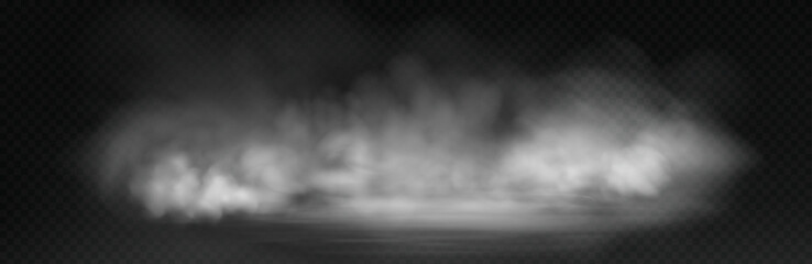White smoke cloud with overlay effect on dark background. Realistic fog texture spreading along the floor. Atmospheric illustration of misty vapor or haze with dramatic light effect. © gala