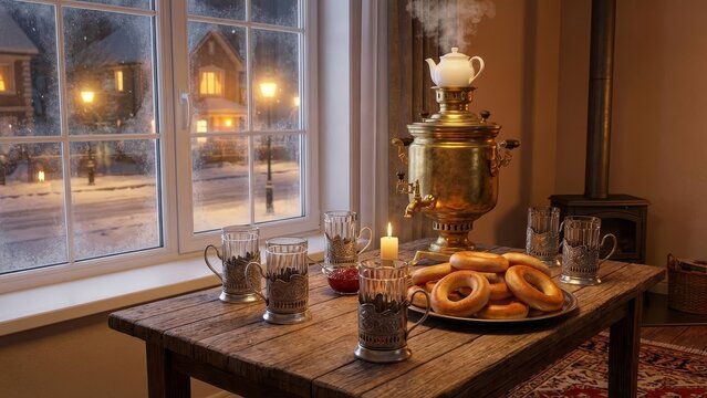 Steaming traditional samovar with tea glasses, flavorful bagels, and jam creating a warm, cozy atmosphere indoors while snowflakes fall outside a frosty window