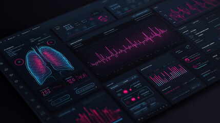 Medical monitoring dashboard interface, vital signs visualization, healthcare analytics screen, dark UI, neon highlights, professional medical design