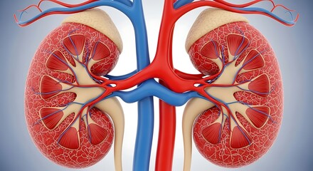 Anatomical 3D Illustration of Human Kidneys and Renal System with Blood Vessels and Adrenal Glands on Blue Background