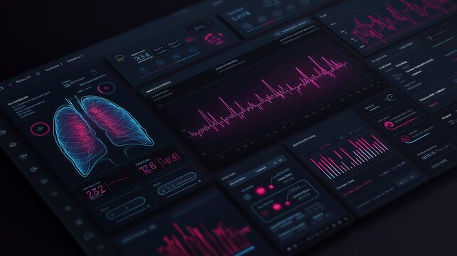 Medical monitoring dashboard interface, vital signs visualization, healthcare analytics screen, dark UI, neon highlights, professional medical design