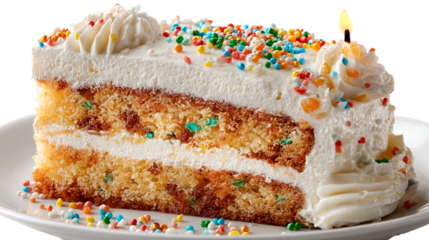 Delicious slice of white frosted birthday cake with colorful sprinkles