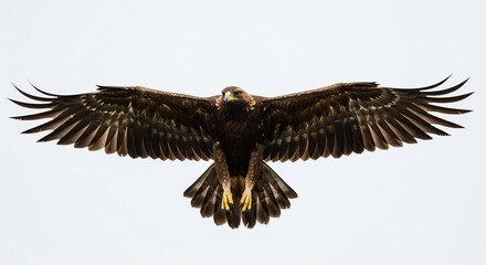 Obraz premium Aigle royal puissant en vol plan� majestueux ses ailes dor�es largement d�ploy�es sous un ciel clair et lumineux. AI Generated