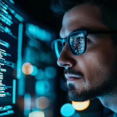 Data analysis event featuring a focused individual in a high-tech environment close-up perspective exploring technological innovation