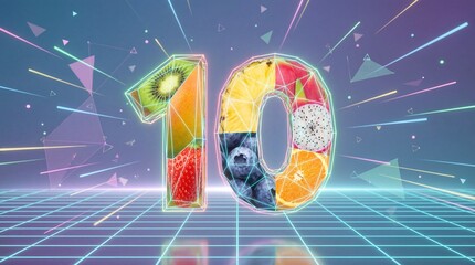 Number ten, composed of polygon-edged fruit slices like kiwi, mango, strawberry, pineapple, blueberry, dragon fruit, and orange, standing on a retro neon grid with geometric shapes and light trails