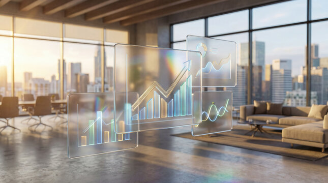 Digital business graphs and data charts displayed as holograms in a stylish high-rise office during golden hour. - Powered by Adobe