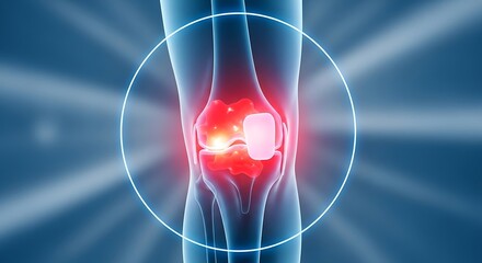 Human Knee Joint Pain and Inflammation 3D Illustration Showing Red Glowing Area of Injury or Arthritis