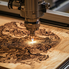 Artistic wood engraving process workshop photography creative environment close-up view craftsmanship concept