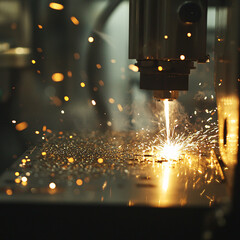Industrial laser cutting sparks excitement manufacturing facility action photography dynamic environment close-up view innovation in technology
