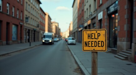 Yellow sign that says help needed on the side of the street