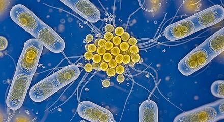 Microscopic View of Bacteria Cells and Microorganisms with Flagella Swimming in Blue Biological Fluid