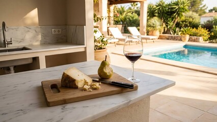 Artisan cheese with knife, sliced pear, and red wine glass resting on a marble countertop in an outdoor kitchen, looking out onto a sunny luxury villa pool area for a relaxing summer leisure moment