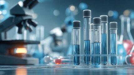 Medical diagnostic laboratory concept, test tubes and microscopes, clean sterile environment, professional medical illustration