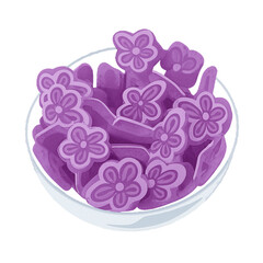 Purple floral candy in glass bowl illustration